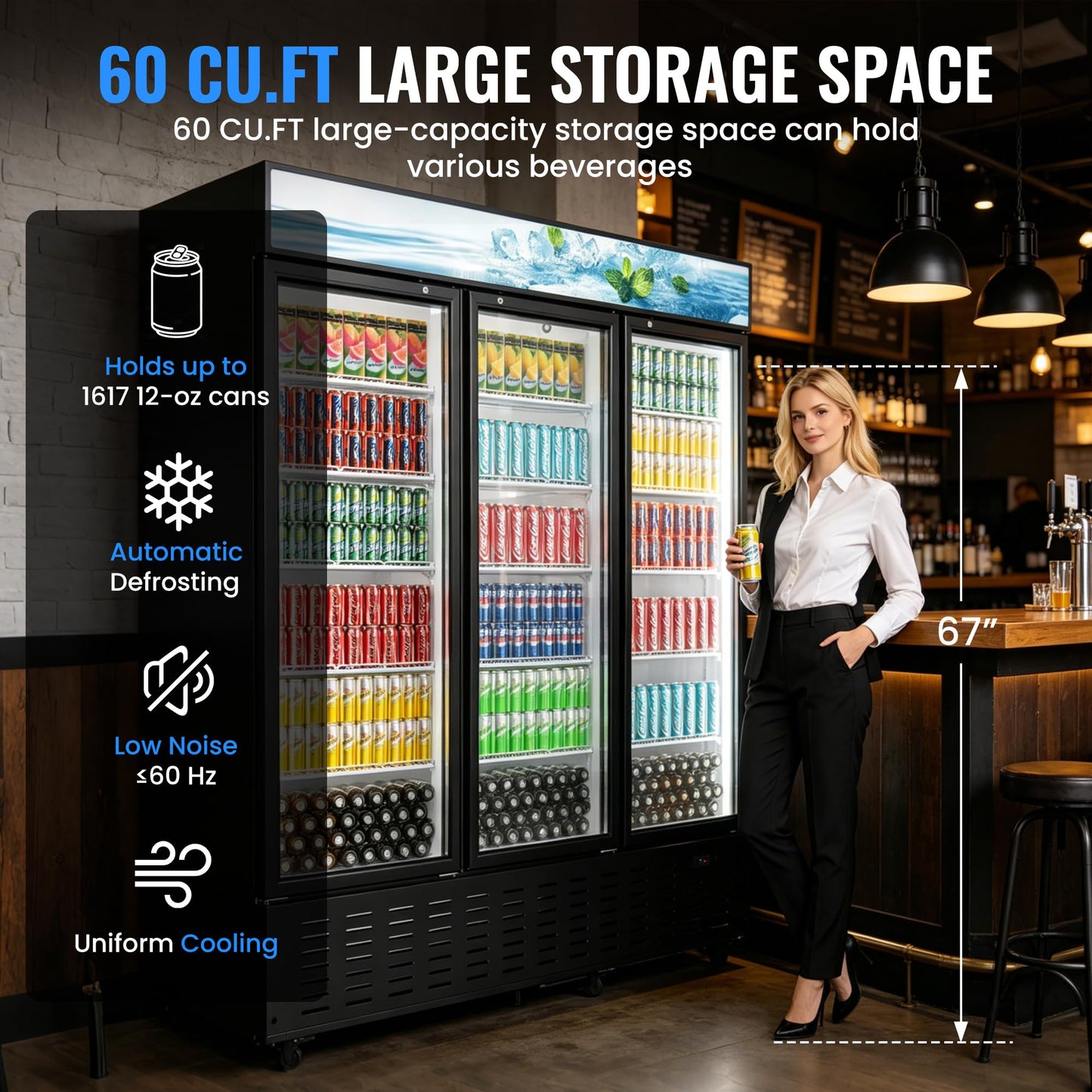 Frostvale 62 Cu.Ft Commercial Display Refrigerator, Black 3 Glass Door Beverage Cooler with Lighted Header, Large ETL Upright Merchandiser Fridge for Drinks, Soda, Beer, Restaurant, Store