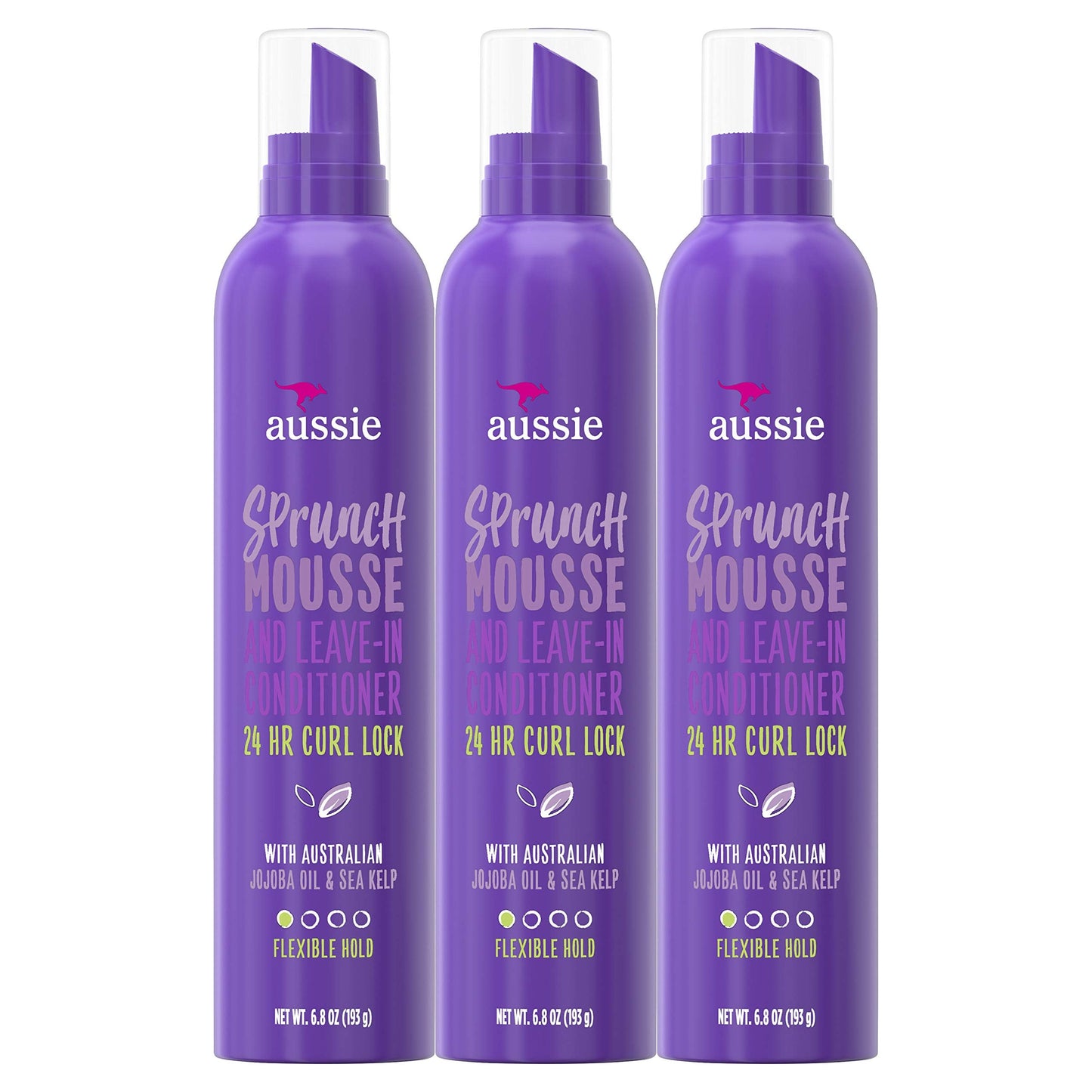 Aussie Leave In Conditioner & Mousse, with Jojoba & Sea Kelp, Sprunch, For Curly Hair, 6.8 fl oz, Triple Pack