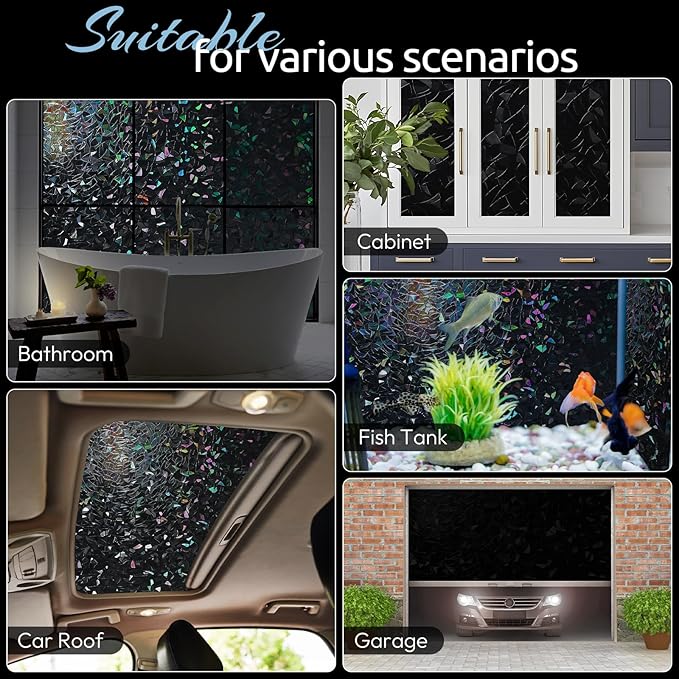 rabbitgoo Window Privacy Film Rainbow Film Decorative Window Sticker, 3D Static Stained Glass Cling Tint for Room Darkening Day Sleep, Black, 11.8 x 78.7 inches
