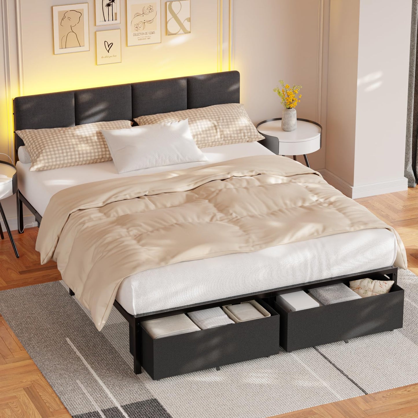 Furnulem Queen Bed Frame with Headboard,Platform Bed Frame Queen Size with 2 Storage Drawer, Upholstered Bedframe with Charger Station and LED Lights