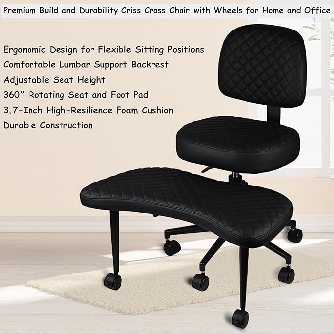 Meditation Chair Cross Legged Chair with Wheels Criss Cross Chair ADHD Desk Chair for Adults with Back Support Wide Squatting Kneeling Chair Adjustable Height for Office, Home, Yoga (Black)