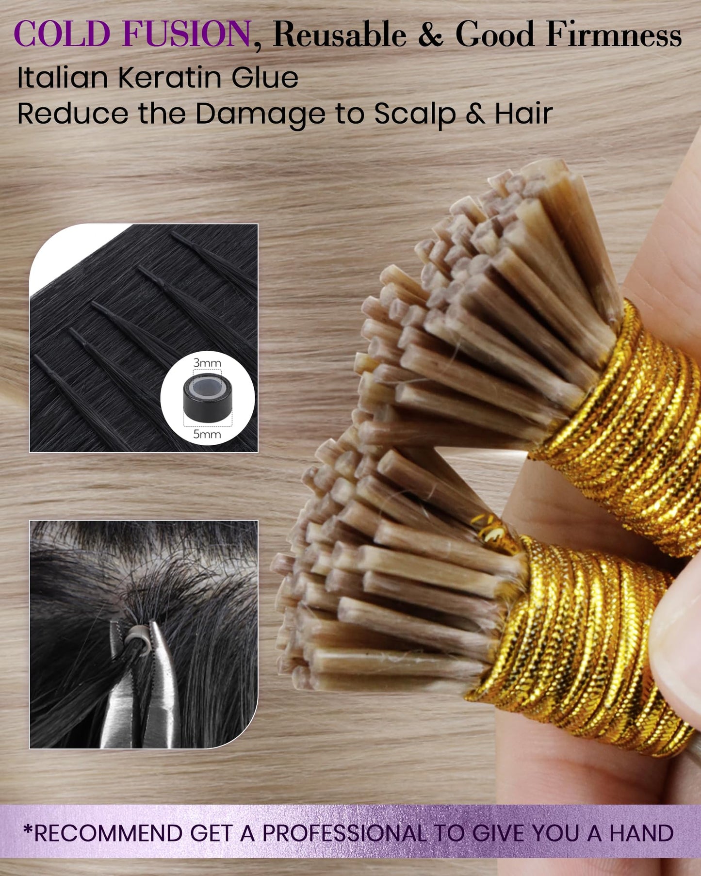LaaVoo I Tip Hair Extensions Human Hair I Tips Hair Extensions Real Human Hair Ash Blonde Highlighted Bleach Blonde 50g 50s 18 i