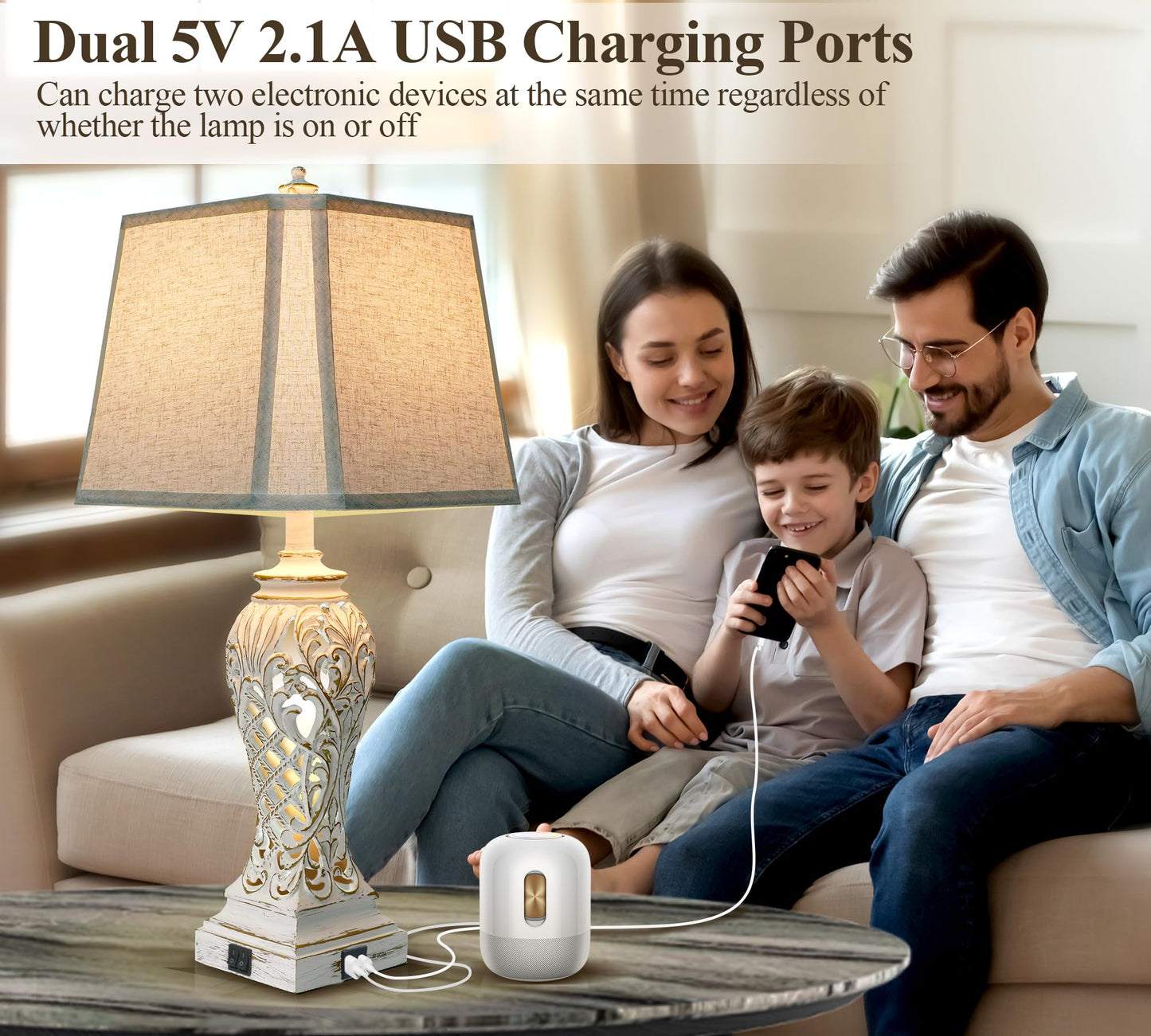 iKopyal Set of 2 Table Lamps for Bedroom Living Room, Bedside Lamp with Fabric Shades, 29'' Tall Coastal Nautical Lamp with USB and Nightlight