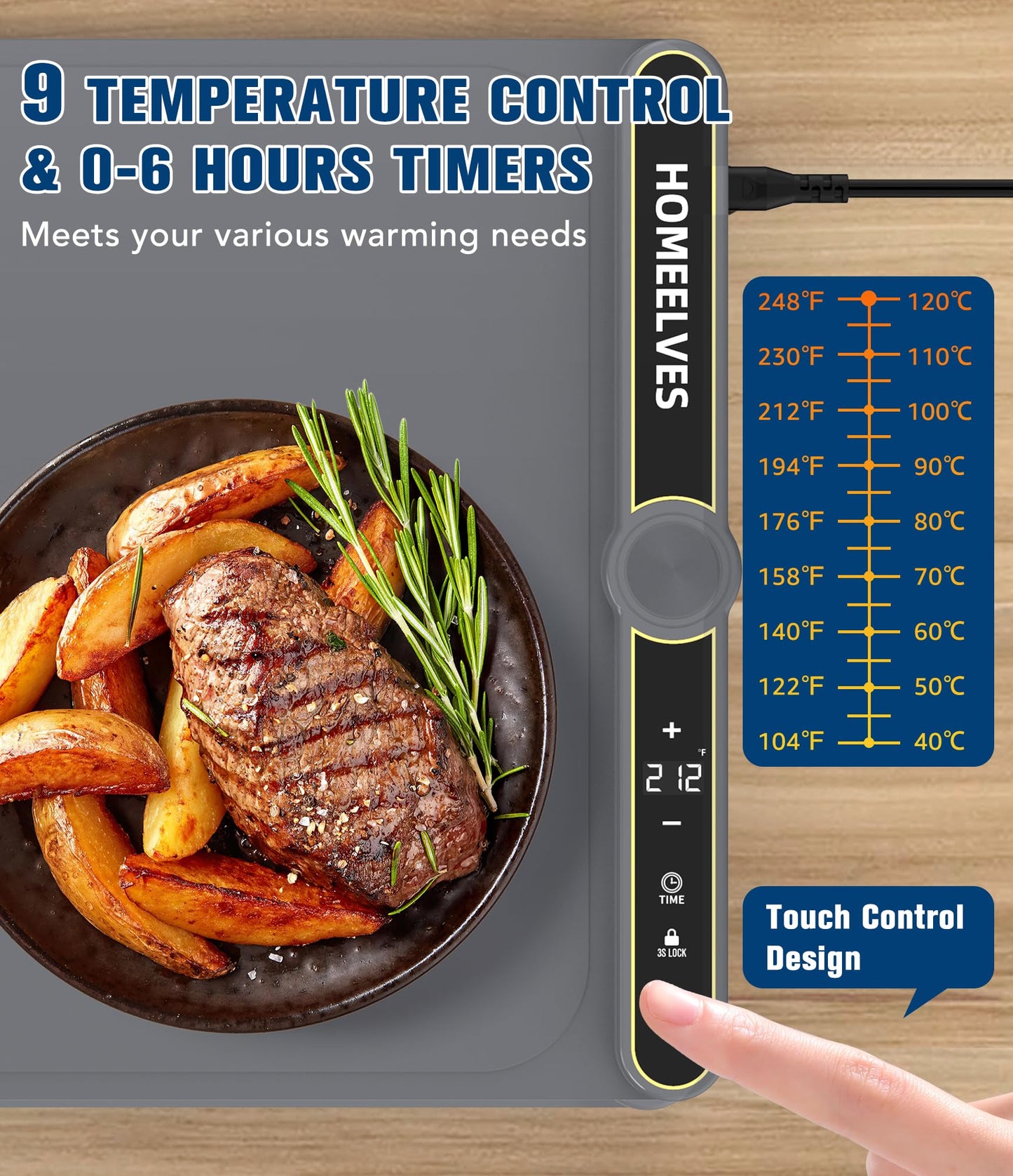 Food Warming Mat, Rapid Heating Electric Warming Tray with 9 Temp Setting and 6 Hours Timer, Foldable Warming Mat for Food, Portable Food Warmers for Parties Buffet, Gray