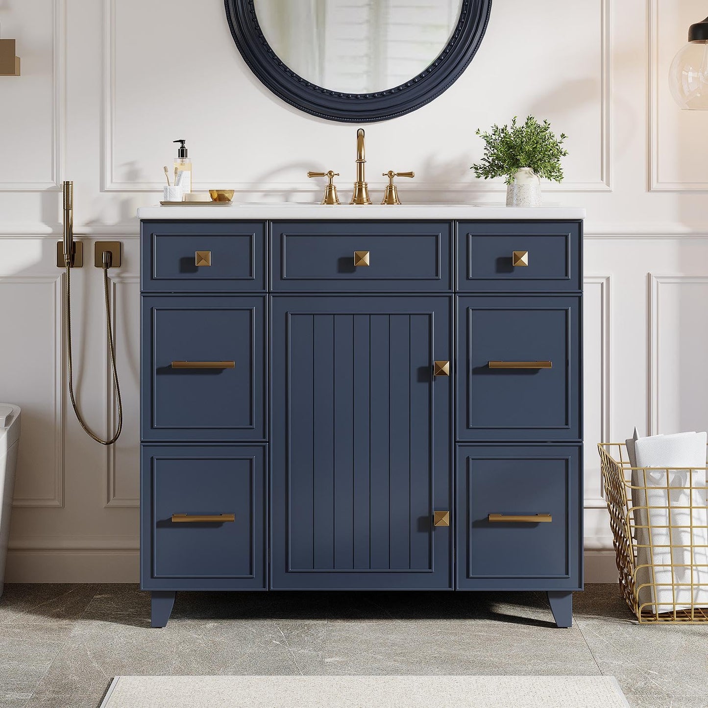 Tribesigns 36 Inch Bathroom Vanity with Sink, Modern Bathroom Cabinet with Soft-Closing Door & 4 Drawers, Adjustable Shelf, Solid Wood Frame Bath Storage Vanity Sink with Metal Handles, Navy Blue
