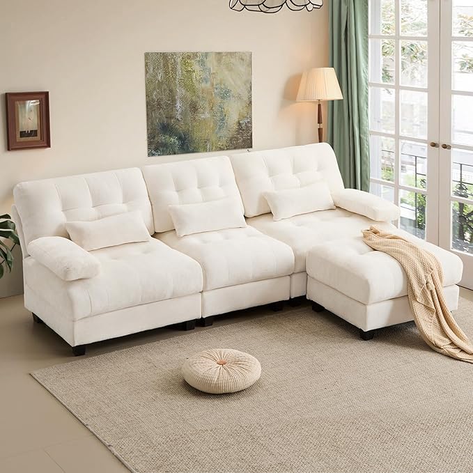 GRAINLLE 93'' Modular Sectional Cloud Couch with 1 Ottoman,Deep Seat Sleeper Sofa L Shaped Sectional Couch,Convertible Upholstered Comfy Chenille Sectional Sofa for Living Room,Bedroom(Ivory)