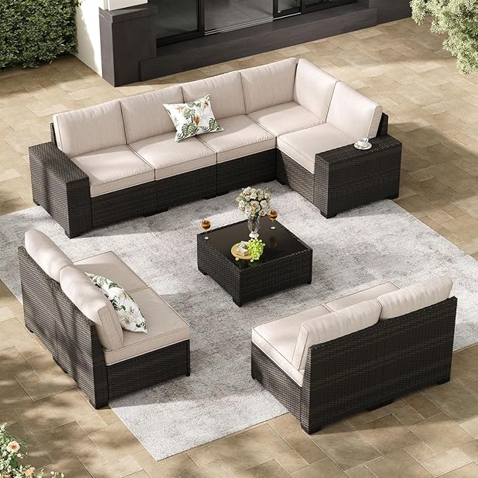 SunloungeCo Patio Furniture Set, 10 Pieces Outdoor Couch Sofa with Wider Armrests & Glass Coffee Table, Outdoor Sectional Furniture with Thick Cushions for Party, Poolside,Garden-Beige