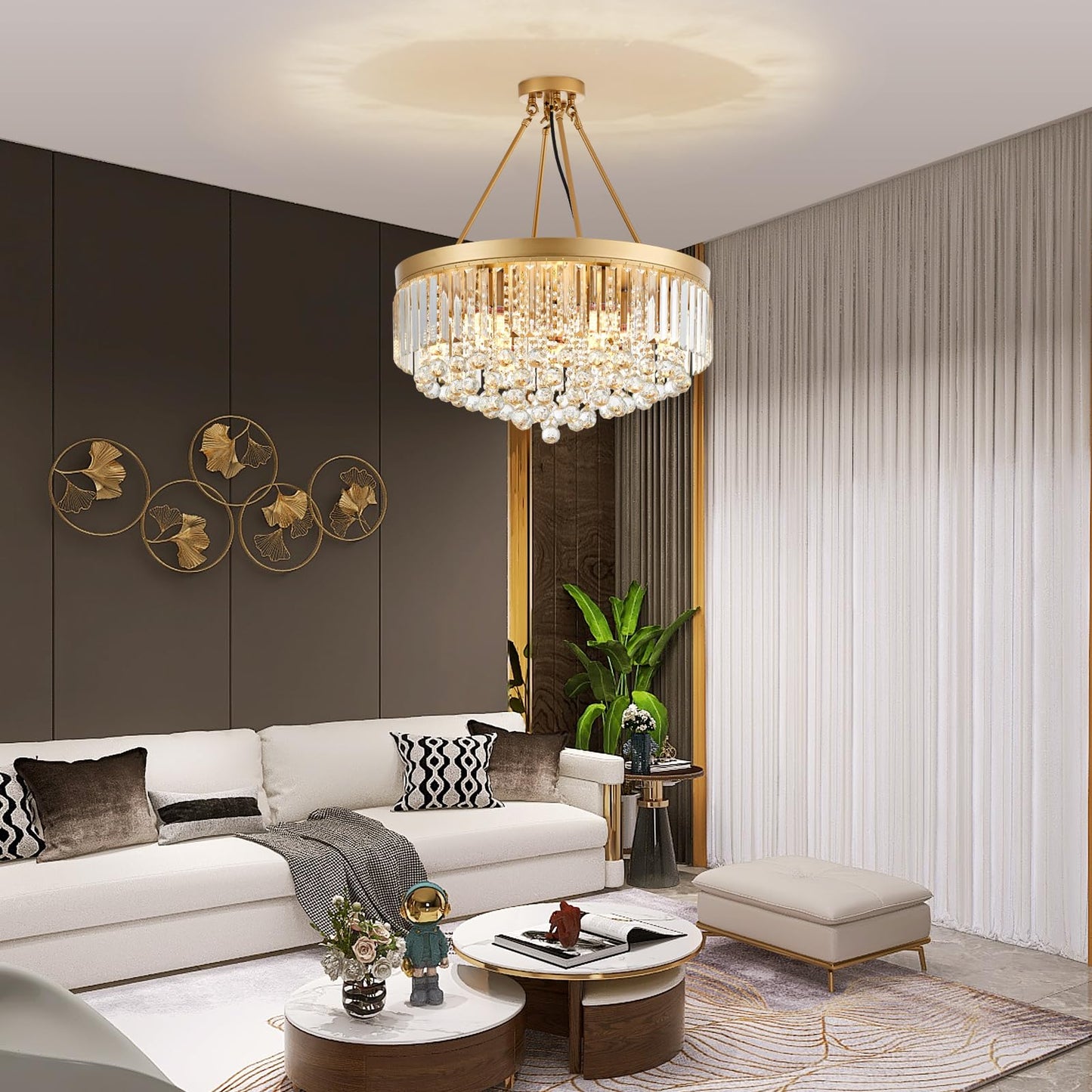 brfaixla 9-Light Gold Crystal Chandelier Contemporary 22'' Modern Semi Flush Mount Crystal Hanging Light Sparkling Decoration for Bedroom Entryway Living Dining Room Kitchen Island Hallway