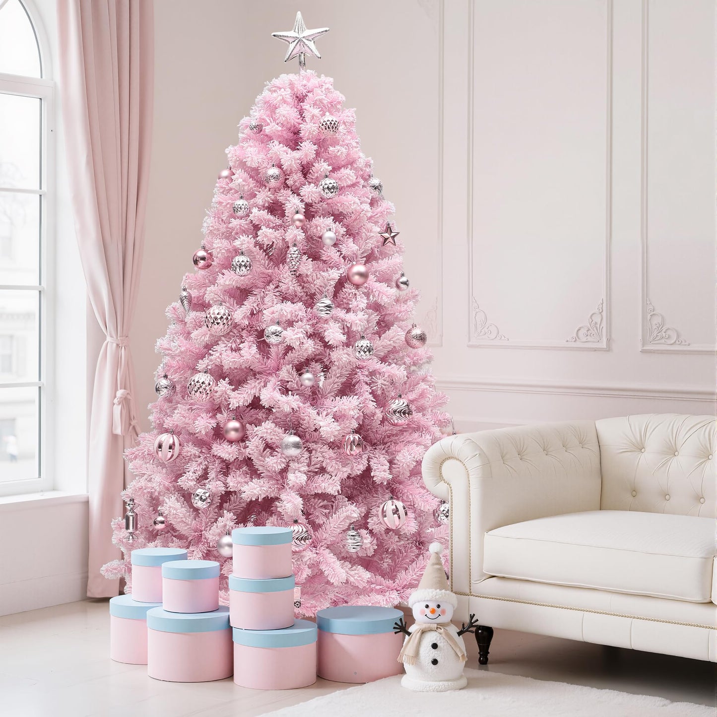 YITAHOME 6 FT Prelit Pink Flocked Spruce Artificial Christmas Tree, Pre-Lit Pink Christmas Tree with 928 PVC Tips and 250 Warm-White Lights for Home, Office Decoration