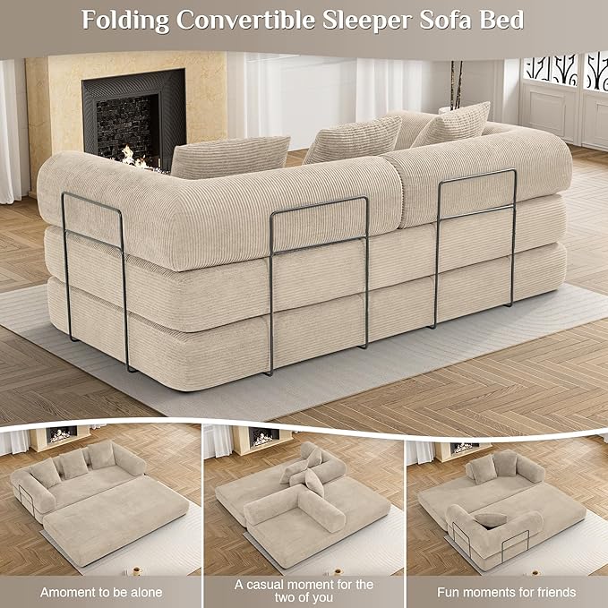 DAMAIFROM Convertible Sleeper Sofa Bed with Cylindrical Pillow, Corduroy Folding Mattress Couch with Fixed-Shape Frame, Modular Floor Sofa Lounge Couch for Living Room Bedroom Lounge, Light Brown