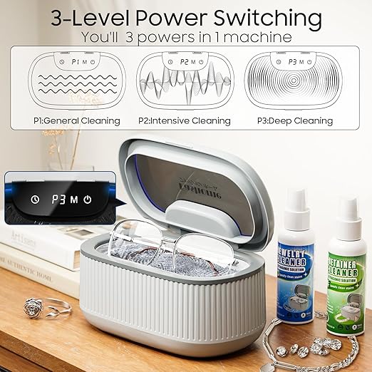 Ultrasonic Cleaner Set with Basket and Holder-45KHz 20oz w/Light & Degas, 200ML Jewelry and Retainer Cleaner Solution for All Jewelry, Rings, Eyeglasses (Gray, Ultrasonic Cleaner+Cleaning Solution)