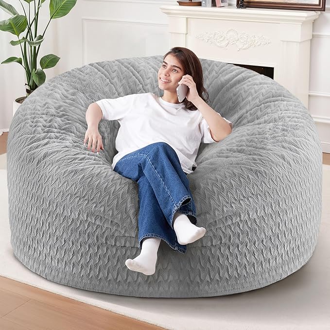 6FT Bean Bag Chair,Giant Bean Bag Chairs for Adults,Big Bean Bags with Memory Foam Filled, Large Beanbag Chairs with Chevron Plush Cover-Light Grey