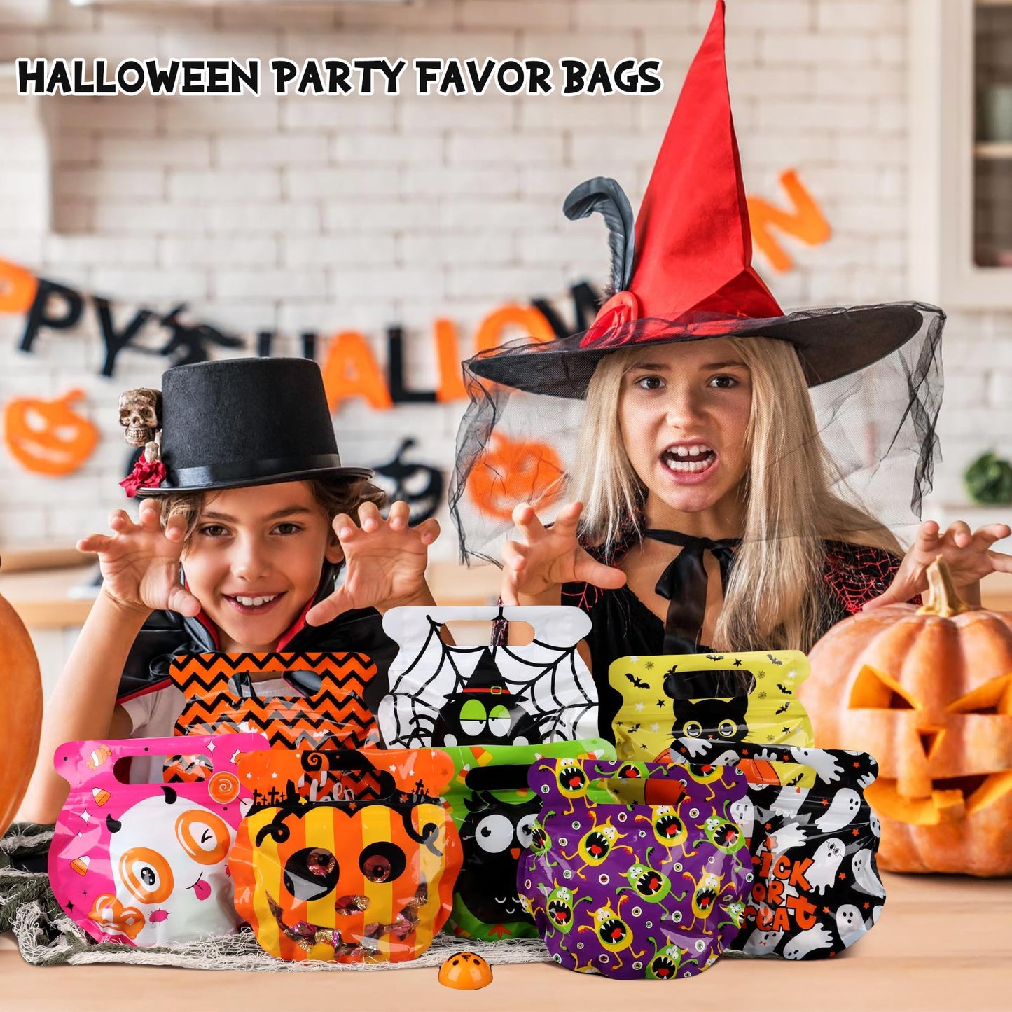 POPGIFTU 56 Pcs Halloween Goodie Bags with Handles - 8 Designs Resealable Treat Pouches for Candy, Snacks, Cookies, Bulk Trick or Treat Bags for Kids Party Favors & Classroom Halloween Supplies