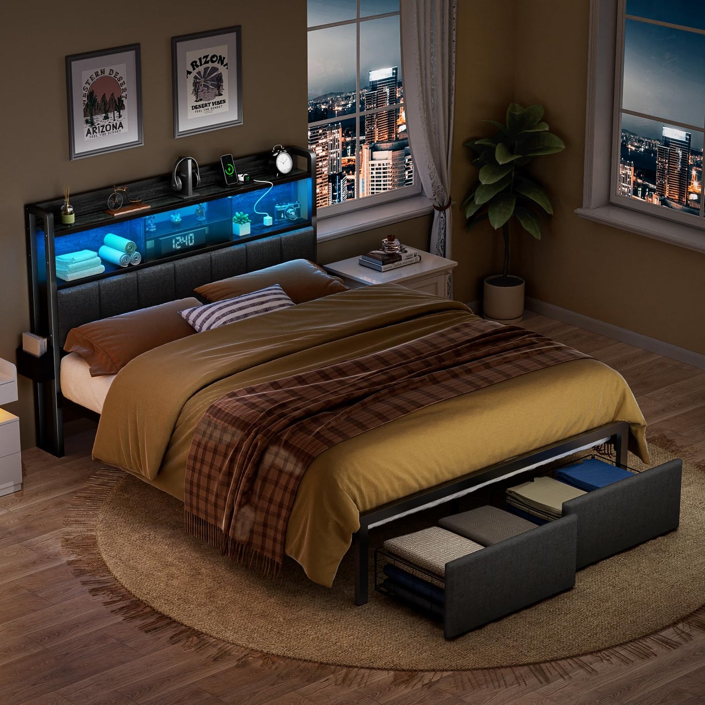 Furnulem Full Size Bed Frame with Headboard, Bed Frame Full Size with Storage Drawers, Charging Station and LED Lights, Metal Platform No Box Spring Needed, Upholstered Headboard, Noise Free, Black