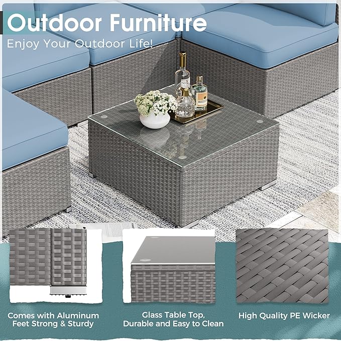 Crownland 7-Pieces Outdoor Patio Furniture Sets, All-Weather Grey Wicker Rattan Sectional Sofa, Modern Glass Coffee Table and Washable Seat Cushion with YKK Zipper (Light Blue)
