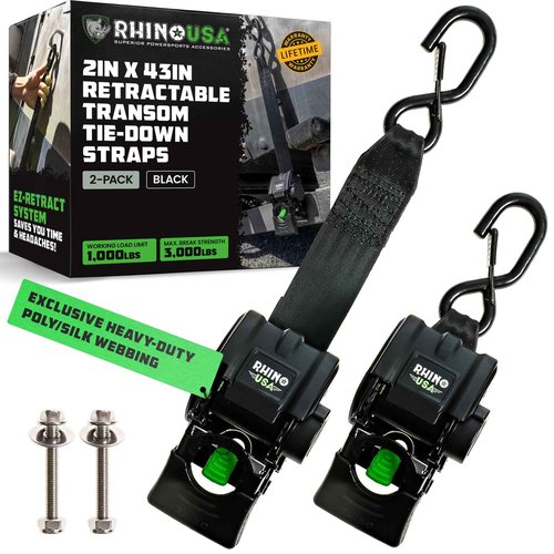 Rhino USA Retractable Boat Trailer Tie Down Straps 2PK – Durable (2in x 43in) Trailer Mount Transom Straps for Boat, Jet Ski – Powder Coated Black Steel – Fresh Water Compatible