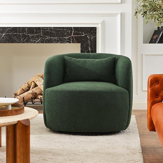 KINWELL 34" Wide Boucle Swivel Barrel Chair, No Assembly Round Upholstered Armchair Accent Chair Single Sofa Chair with Toss Pillow for Living Room and Bedroom, Green