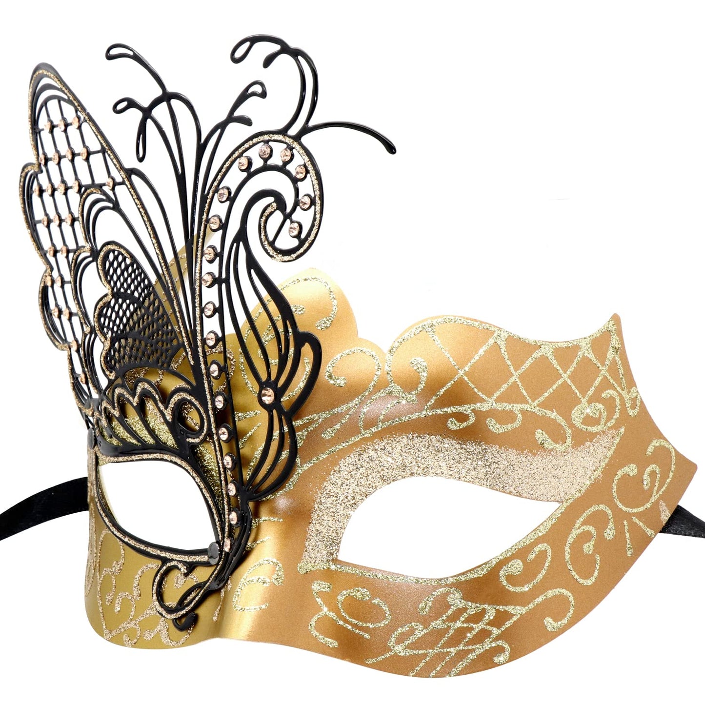 Mysterious Venetian Butterfly Lady Masquerade Halloween Party Mask Evening Prom Ball Mask Bar Costumes Accessory (Black-Gold)