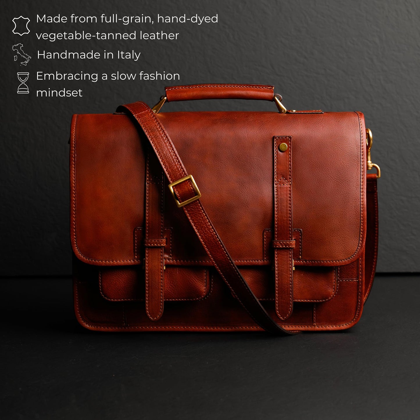 Time Resistance Leather Briefcase – Italian Handmade Leather Laptop Bag – Briefcase Convertible into Backpack (Cognac Brown)