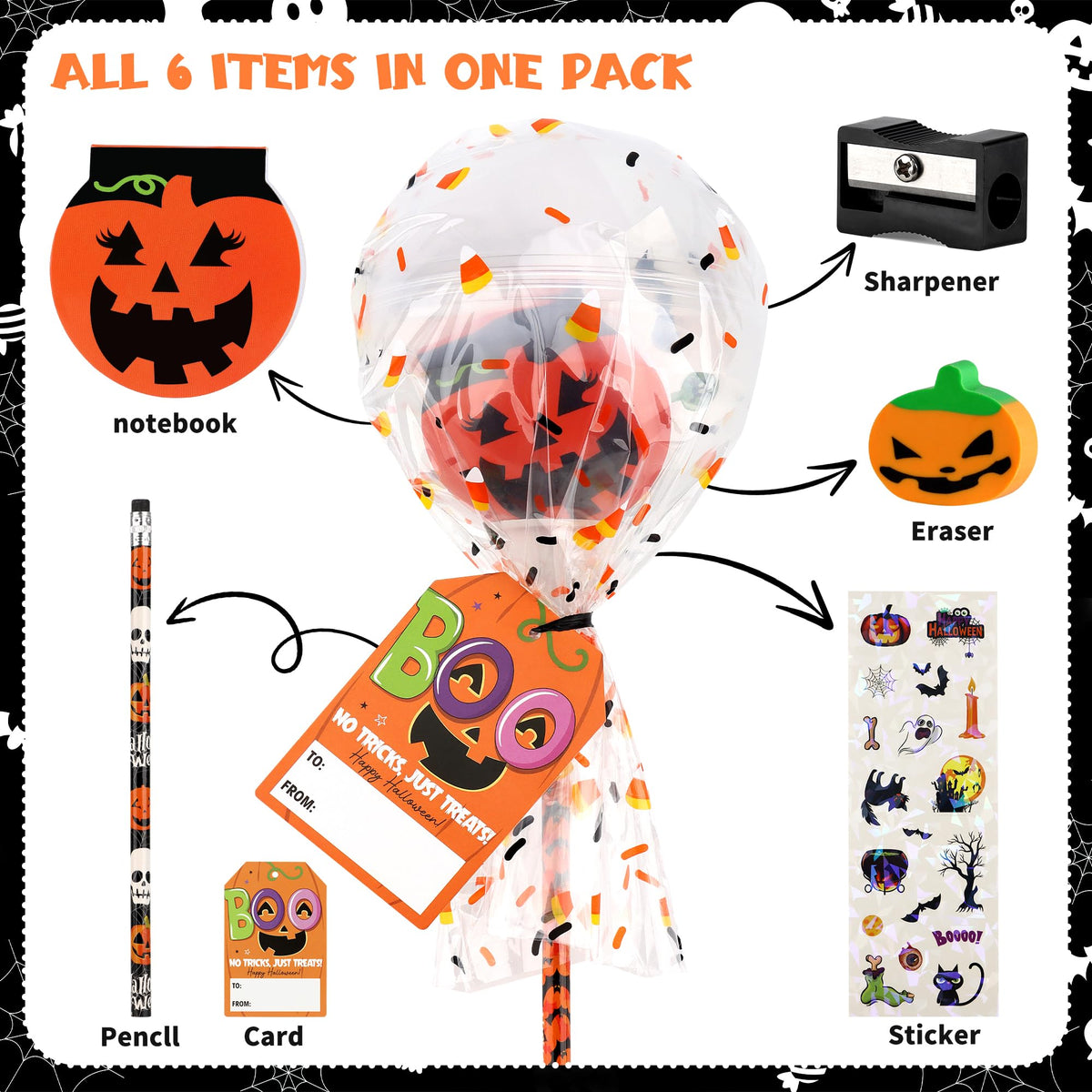POPGIFTU Halloween Party Favors for Kids - 28 Pack Giant Lollipop-Shaped Stationery Set with Pencil Sticker Erase Notepad Sharpener for Halloween Trick or Treat, Classroom Gifts for Boys & Girls