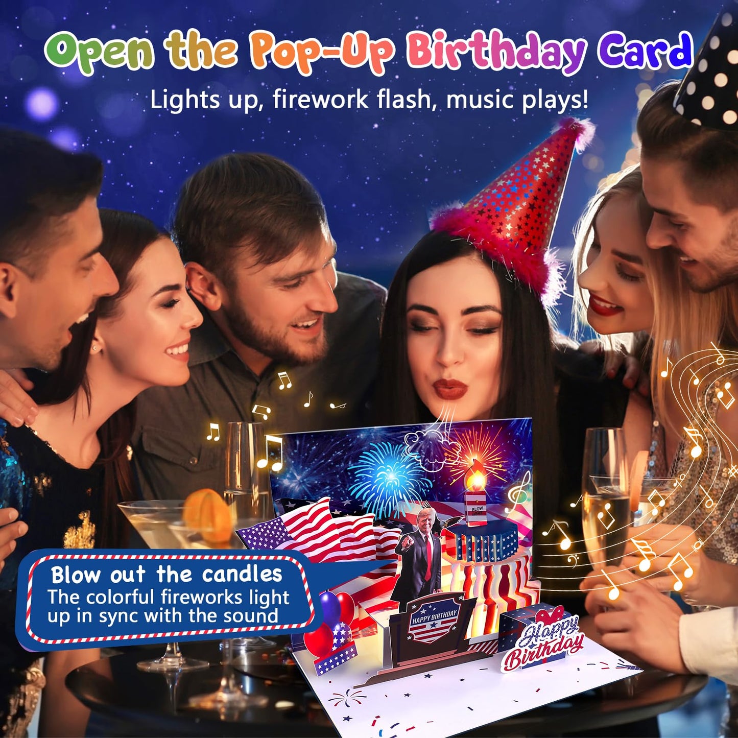 Birthday Card, Musical Pop Up Greeting Cards w Light, Blow Out Candle & Play Happy B-day Music Pop Up Card, Greeting Cards Gifts for Him or Her (Birthday Song, Presidential Blessings & Surprise)