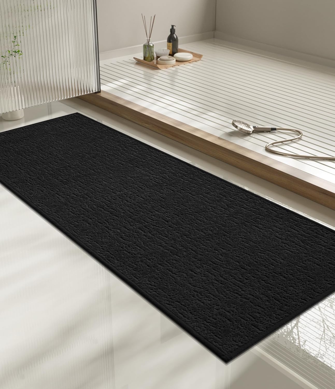 chakme Bathroom Rugs Mat 59x17, Ultra Thin Non Slip Bath Mat Quick Dry Absorbent Bath Mat for Bathroom Floor, (Black, 59"x17")