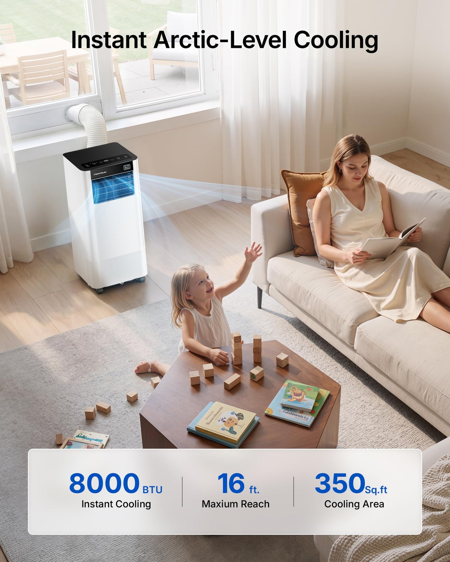 Temprium 8000 BTU Portable Air Conditioner Cools up to 350 Sq.Ft., Smart Portable AC Unit with App/Voice/Remote Control, 4-in-1 Quiet AC Unit with Cool, Dry, Fan, Sleep Modes, 24H Timer, Window Kits