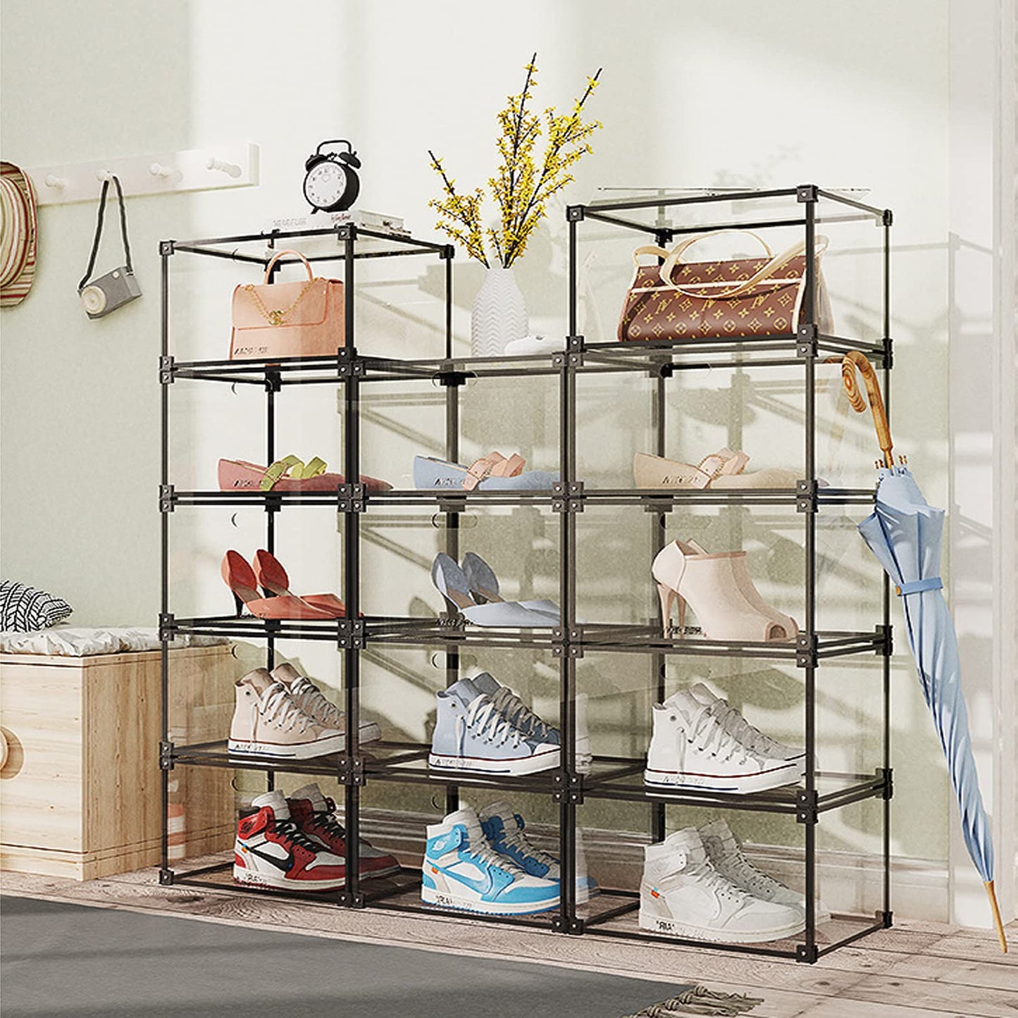 KOKOIN Magnetic Side Open Transparent Plastic Storage Shoe Box Clear Shoe Display Case Sneaker Shoe Storage Box Display Box Shoe Container Clear Closet Shelf Shoe Organizer (Black 8PC)