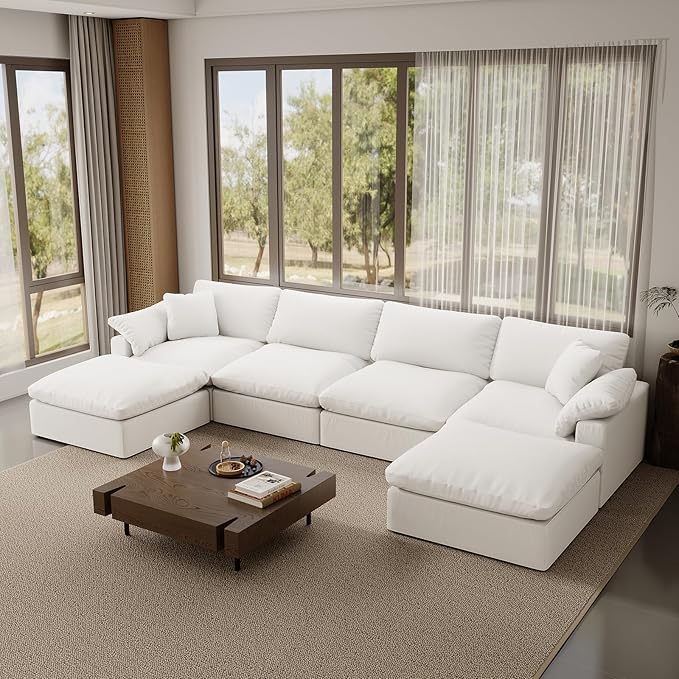 Forest aesthetics Modular Sectional Sofa,Extra Comfty Deep-Seat-Filled Couch, White 6 Seat U Shape Sofas with Movable Ottoman, Modern Couches for Living Room, Apartment, Office,Small Space