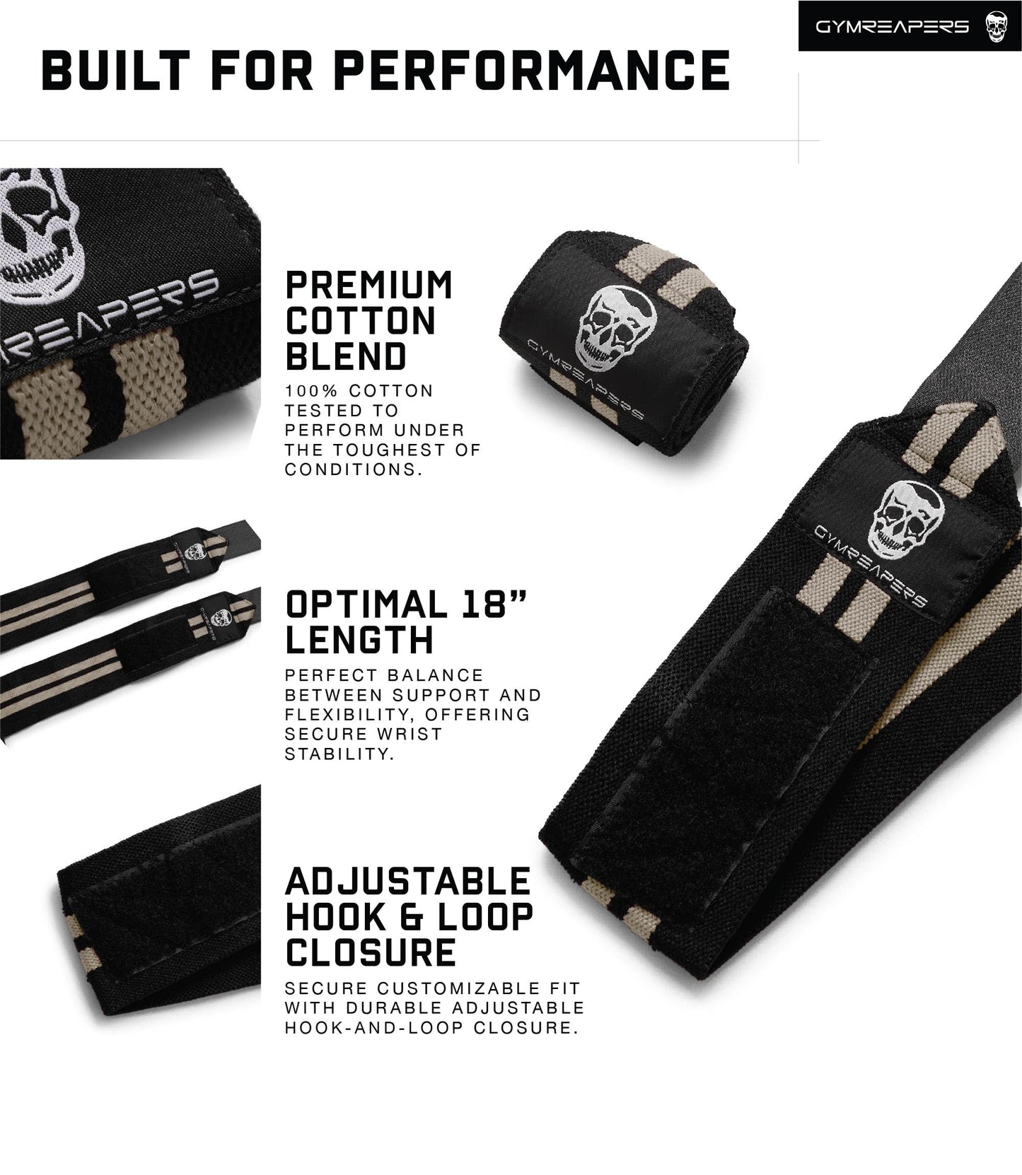 Gymreapers Weightlifting Wrist Wraps (IPF Approved) 18" Professional Quality Wrist Support with Heavy Duty Thumb Loop - Best Wrap for Powerlifting Competition, Strength Training, Bodybuilding (Desert Sand, 18")