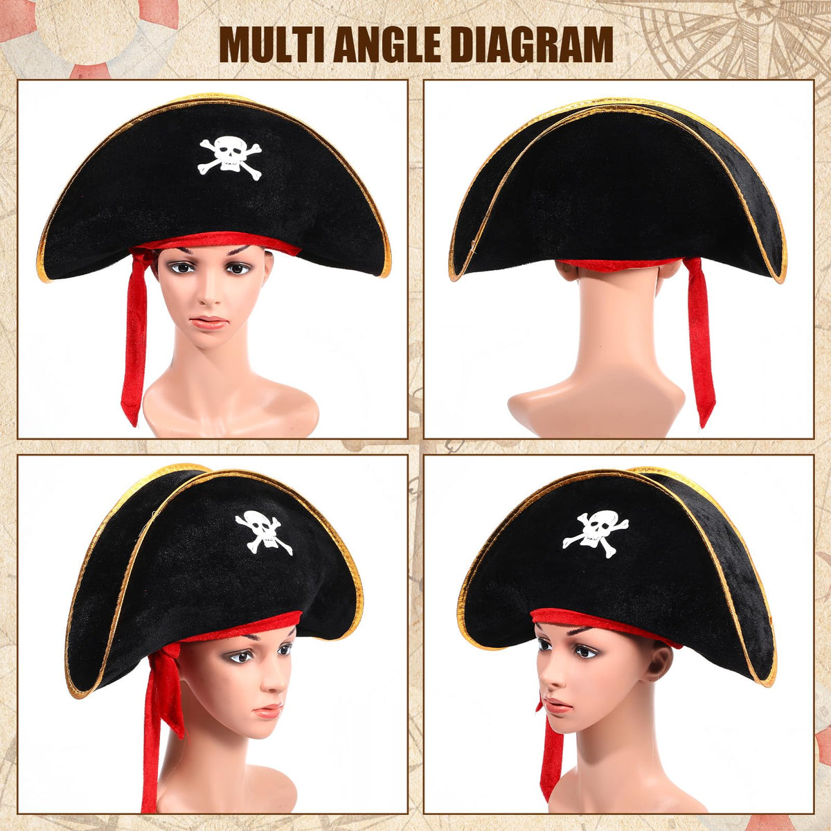 Hsei 8 Pcs Pirate Hat Skull Print Captain Costume Caps Party Accessories Hats for Halloween Cosplay Caribbean Nautical Themed