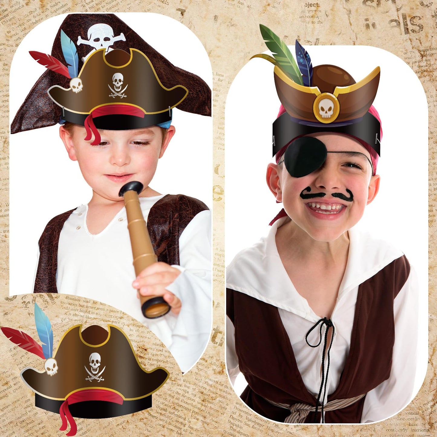 Funtery 48 Pcs Pirate Hat Pirate Party Accessories Favors Kids Paper Costume Cap for Halloween Caribbean Cosplay(Cute)