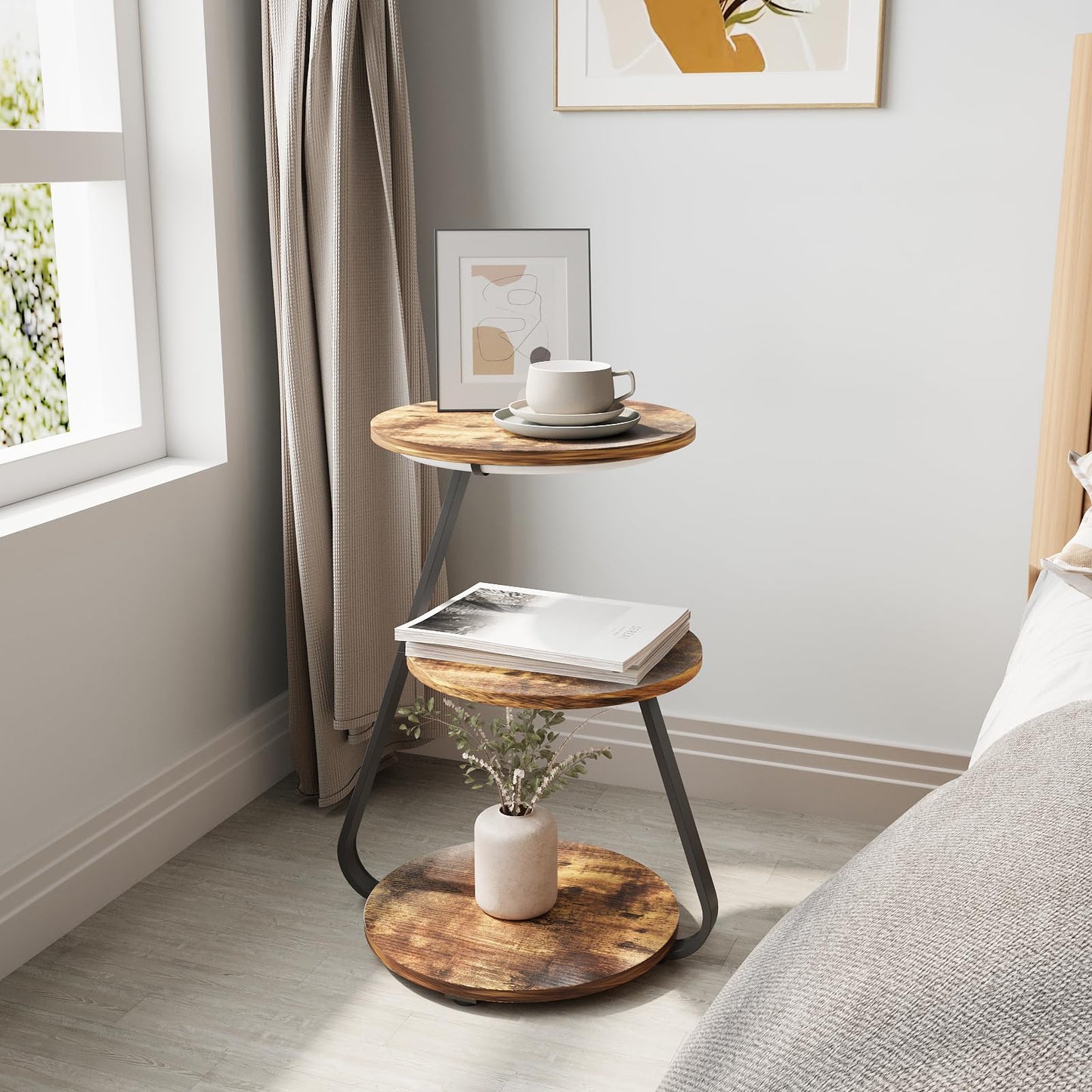 ARTETHYS Side Table Set of 2, Bedside Small Coffee Table with 3 Color LED Lights, End Table with 3 Tier Storage Shelves for Living Room Bedroom, Rustic Brown