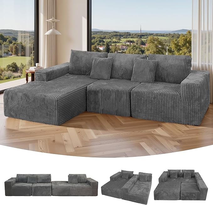 SEENYOO 112.99" Boneless Cloud Couch, L Shaped Sectional Sofa with Chaise, No Assembly Required, Sink-in Corduroy Fabric & Memory Foam, Plush Modular Sofa for Apartment, Lounge, Dorm (Grey)