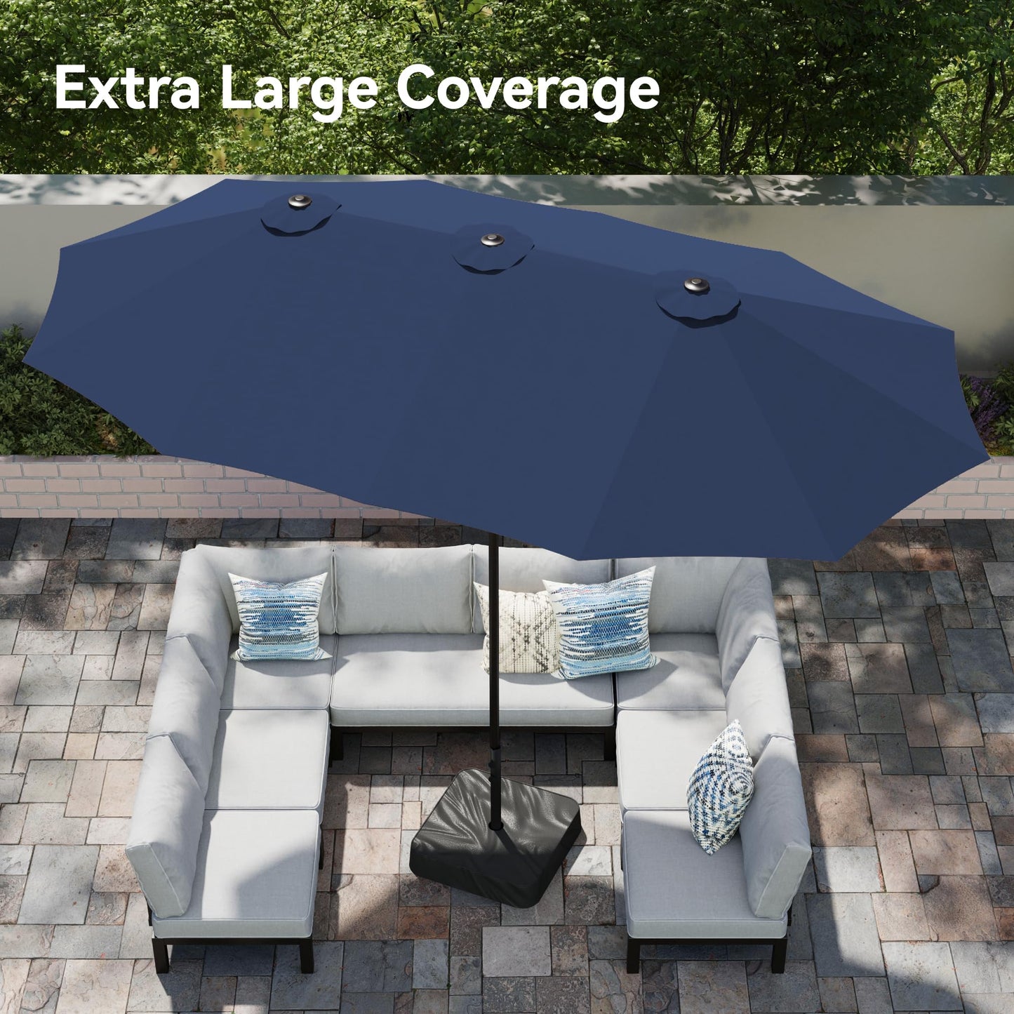 PHI VILLA 15ft Large Patio Umbrellas with Base Included, Outdoor Double-Sided Rectangle Market Umbrella with Crank Handle, for Pool Lawn Garden, Navy Blue