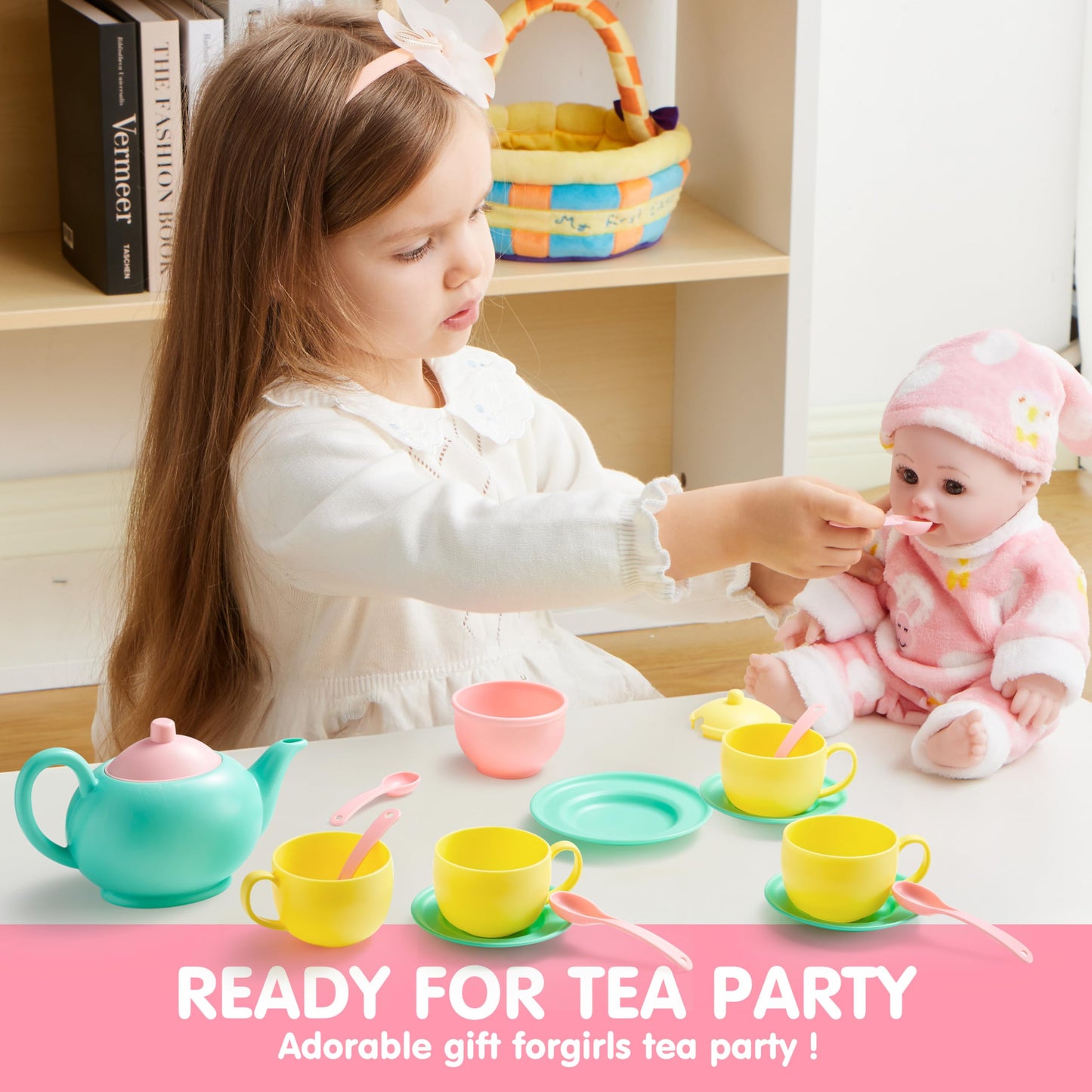 JOYIN 18PCS Pretend Role Play Tea Party Set Play Food Accessories BPA Free, Phthalates Free, Plastic Tea Set, Mini Kitchen for Kids, Gifts for Toddler Boys Girls Ages 3 4 5 6 Years Old