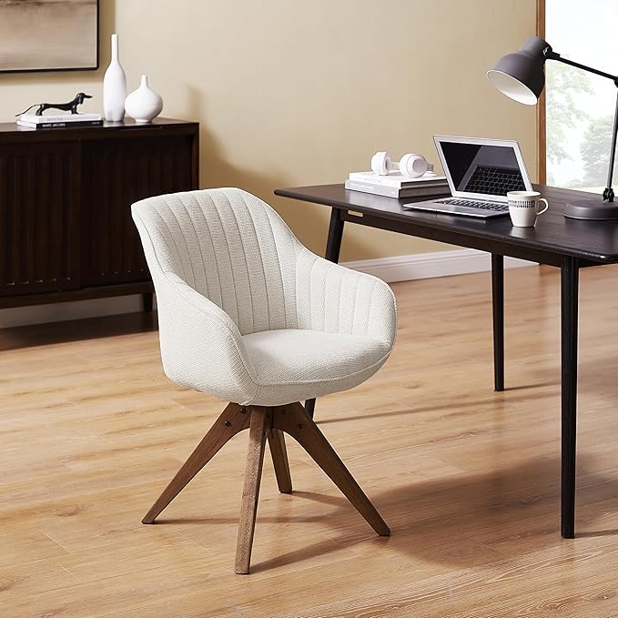 Art Leon Dining Chair, Mid Century Modern Fabric Upholstered Swivel Dining Room Chair with Wood Legs, Leisure Side Chair with Arms for Living Room, Ivory