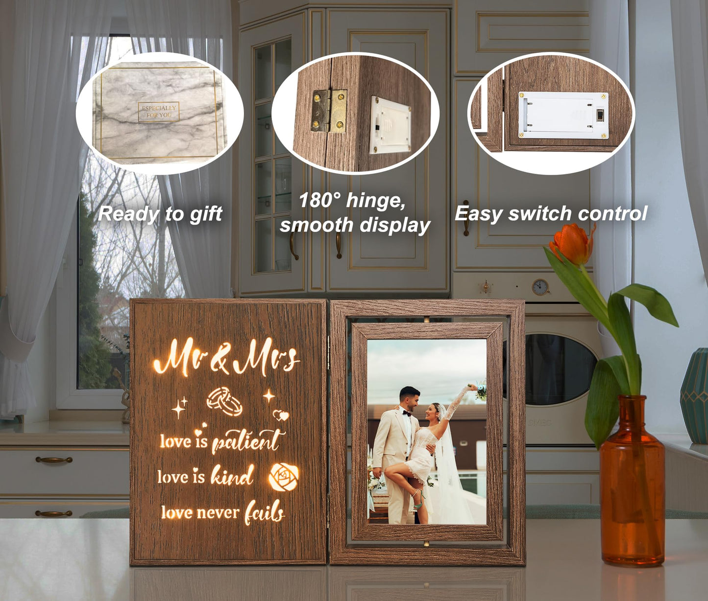 EYITUPC Light Up Wedding Picture Frame for Couples – Wooden Rotating Glowing 4x6 Double Photo Frame with MR & MRS Quote, Rustic Wedding Gifts for Newlyweds & Bridal Shower Gifts
