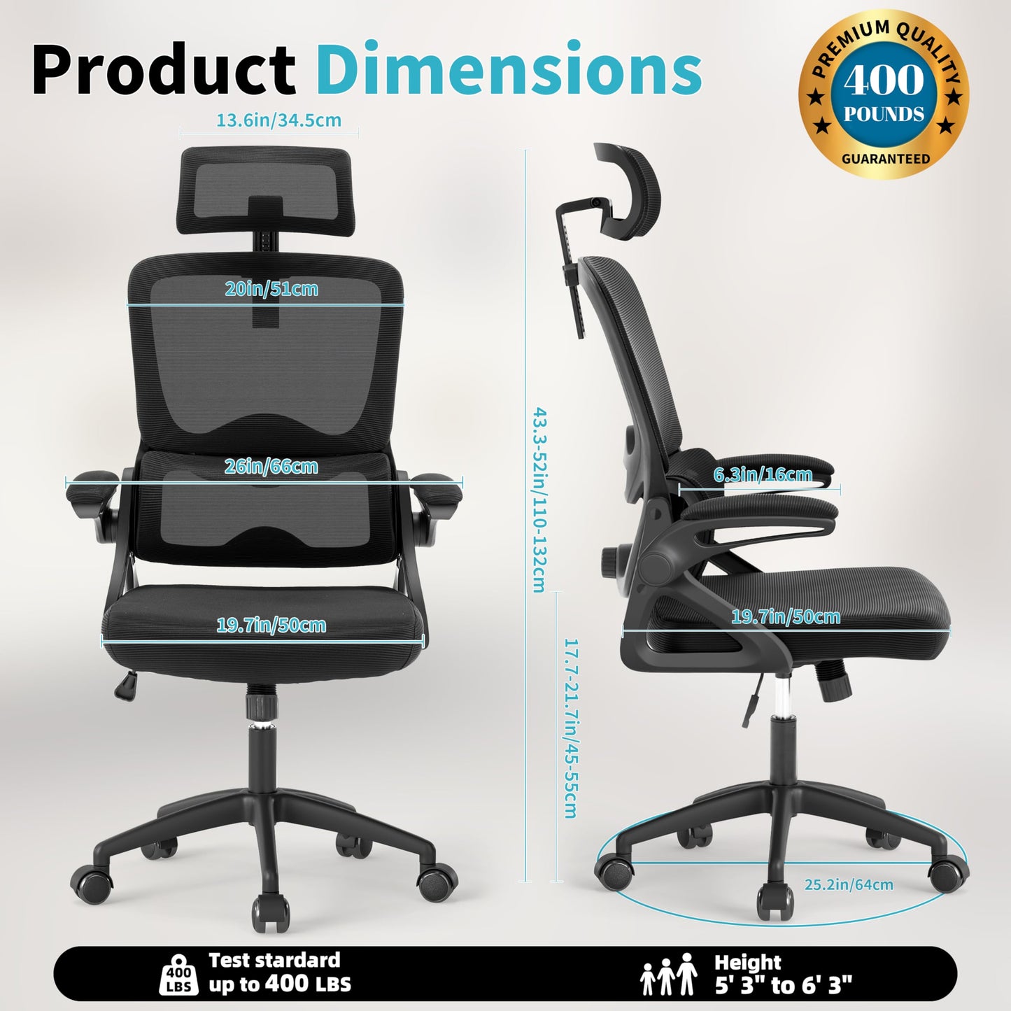 Nexthro Ergonomic Office Chair,Mesh Office Chair with Lumbar Support,High Back Desk Chair with Flip-up Arms,400 lbs Big and Tall Computer Chair with Headrest,Comfy Desk Chairs