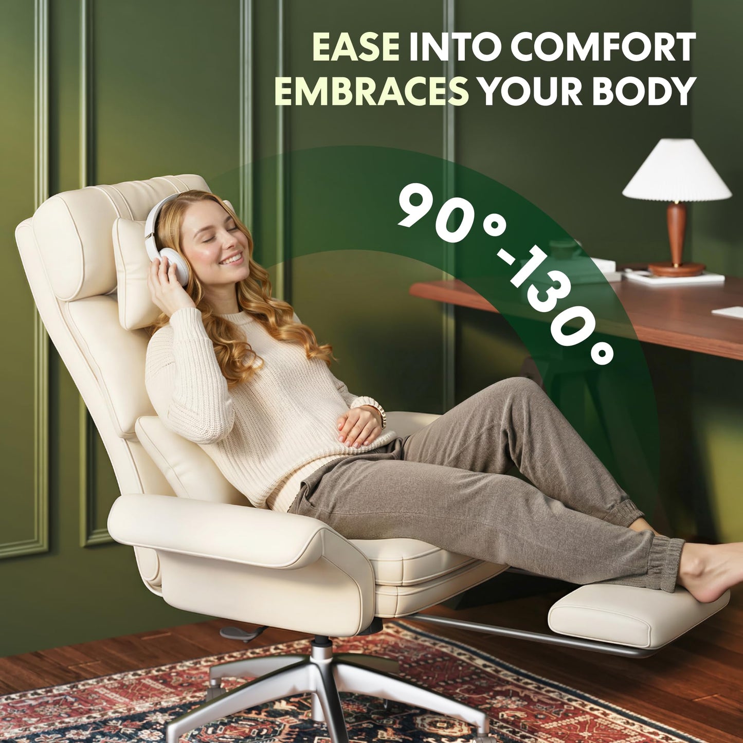 FLEXISPOT Oversized Big and Tall Office Chair, 180° Flip Armrests for Pets&Cross Legged, Computer Desk Chair with Footrest, Lounge Chairs for Home Office Gaming Working, ScratchSafe Air Leather, Beige