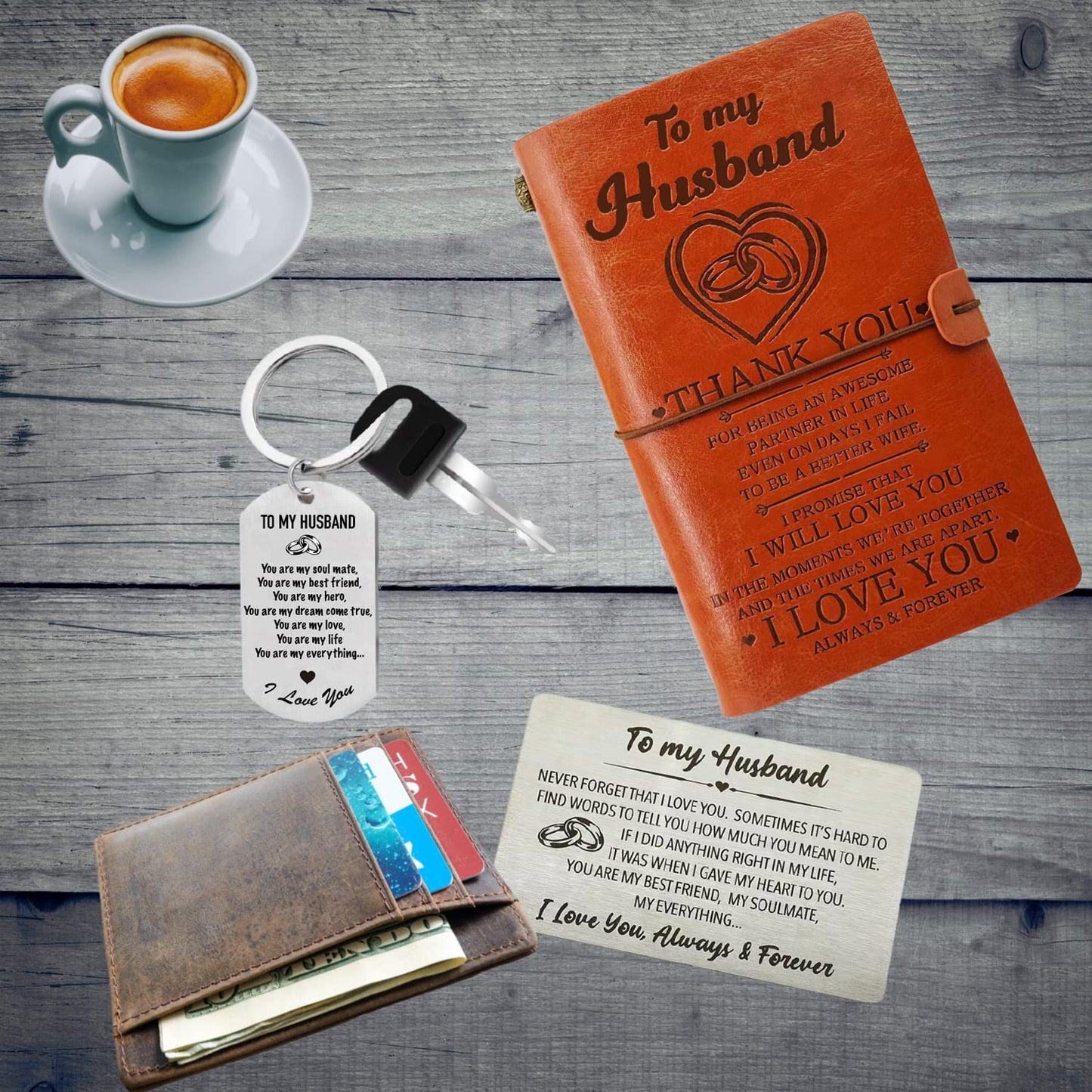 Husband Journal from Wife, Husband Wallet Card Engraved, Husband Keychain, To My Husband Leather Journal 140 Pages Writing Notebook, Gift for Husband Birthday Christmas Valentine Anniversary