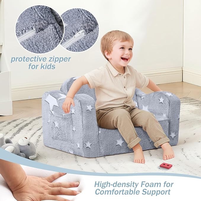 MeMoreCool Kids Glow Star Sofa Chair – 2-in-1 Foldable Toddler Lounger, Gray | Convertible Couch for Playroom or Nursery | Soft Foam Seat | Removable & Washable Cover | Glows in The Dark