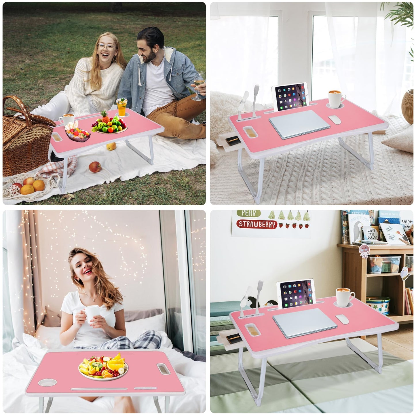 Laptop Bed Table, Laptop Desk for Bed, Foldable Laptop Bed Desk with USB Charge Port, Handle, Desktop Card Slot, Cup Slot, Side Drawer, Portable Laptop Table for Eating Reading Working