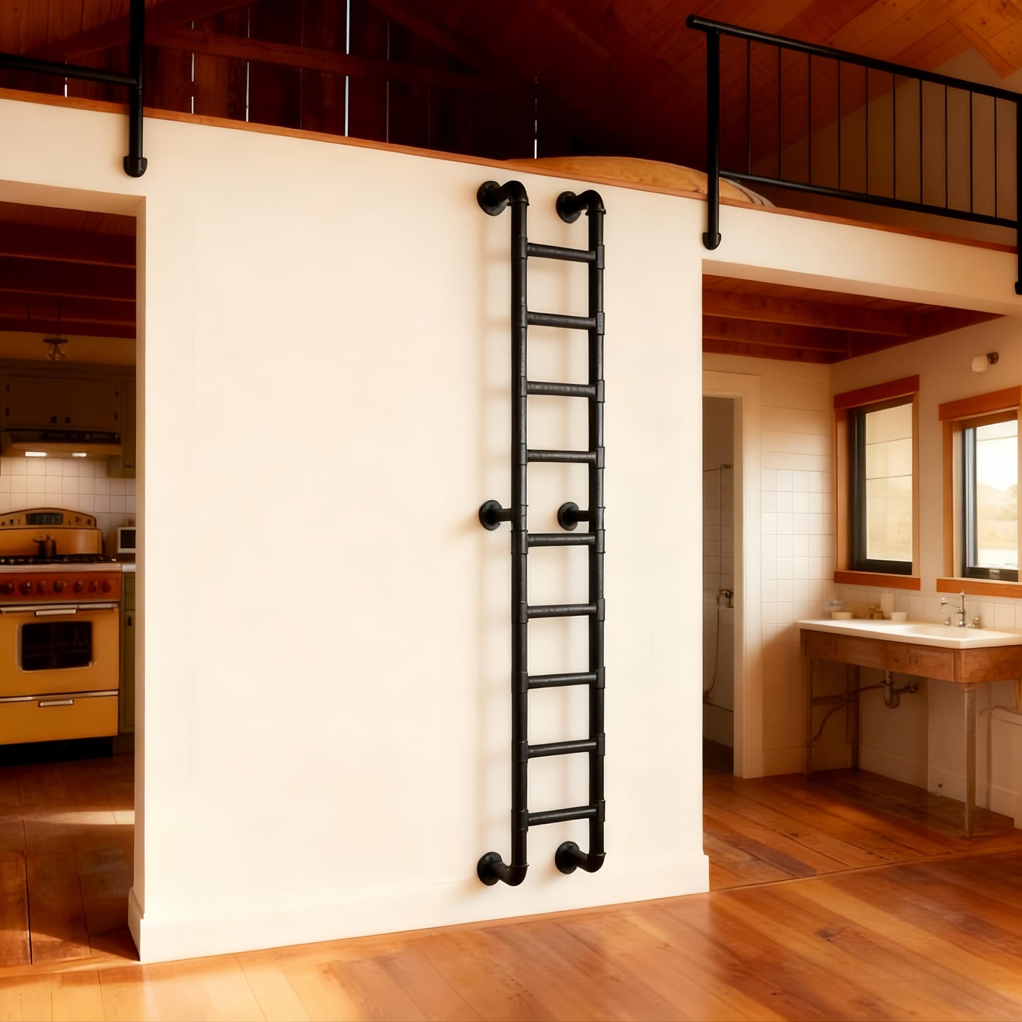 10 Rung Wall Mounted Ladder Heavy Duty 450lbs Capacity, 10FT Steel Pipe Fire Escape Ladder for Egress Window & Basement, Industrial Wall/Floor-Mounted Loft