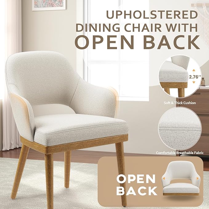 MALOL Wooden Dining Chairs Set of 6, Modern Fabric Upholstered Dining Room Chair, Kitchen Side Chairs, Farmhouse Dinner Chair with Open Back for Kitchen, Beige