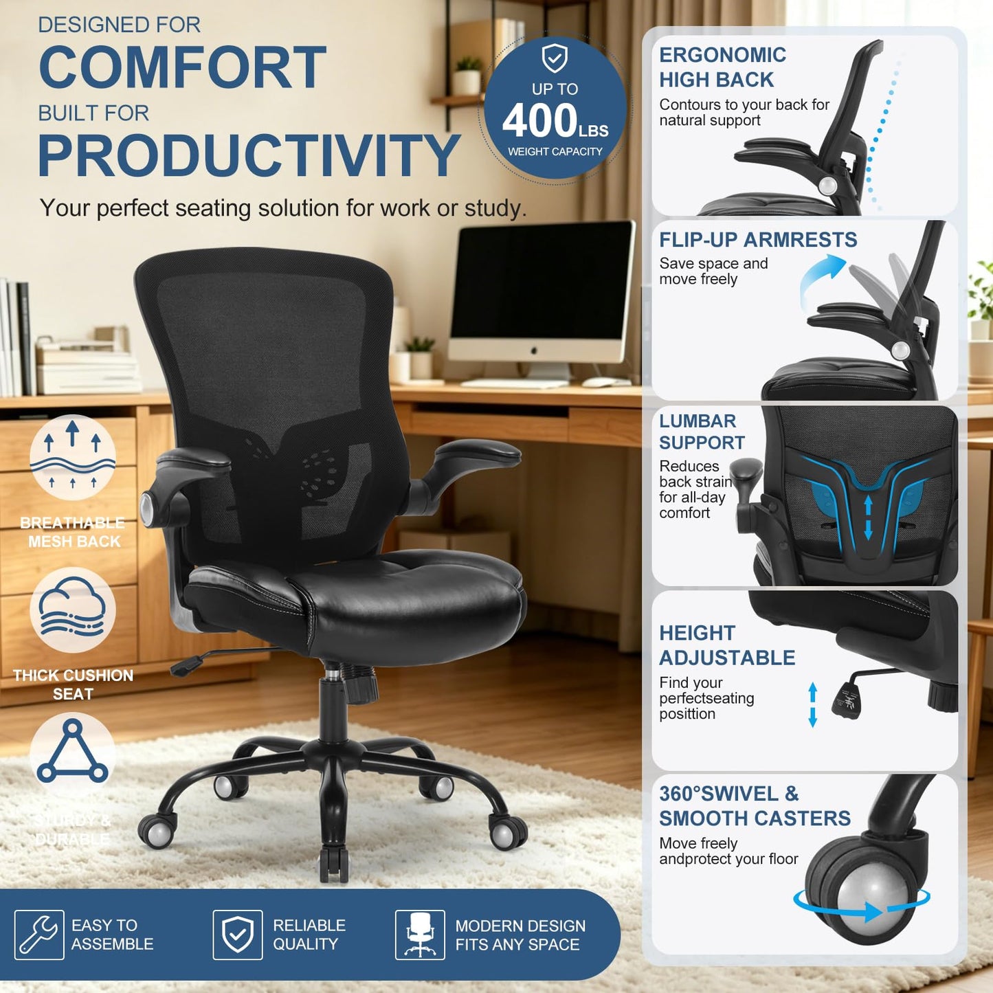 Ergonomic Office Chair, Adjustable Flip-Up Armrest Desk Chair with Lumbar Support, 360° Swivel Breathable Mesh Computer Chair, Adjustable Height Executive High Back Office Chair for Home Office