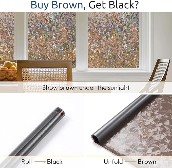rabbitgoo Window Privacy Film Rainbow Film Decorative Window Sticker, 3D Static Stained Glass Cling Tint for Home Heat Control Non-Adhesive, Brown, 23.6 x 78.7 inches