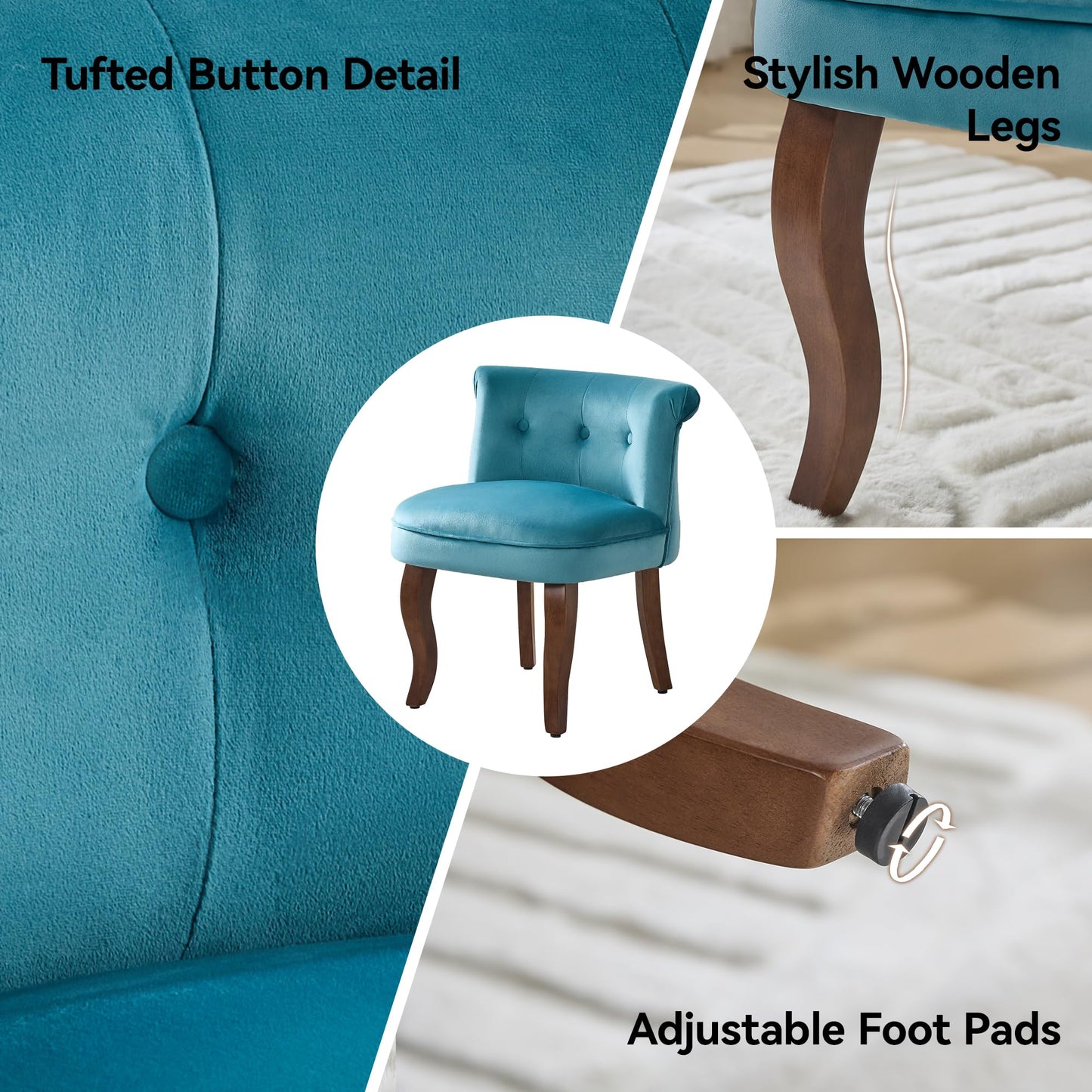 Velvet Vanity Chair with Back, Tufted Upholstered Vanity Stool with Solid Wood Legs, Mid Century Small Makeup Chair for Vanity, Accent Chair for Bedroom, Living Room, Teal