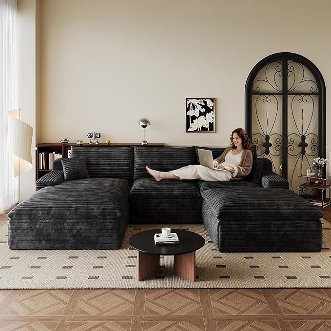 107" Cloud Sectional Couch U-Shaped Chaise with Ottoman, Corduroy Boneless Couch for Living Room Bedroom, Deep-Seat Upholstered Modular Cloud Sofa, No Assembly Required (Black, Left Facing Chaise)