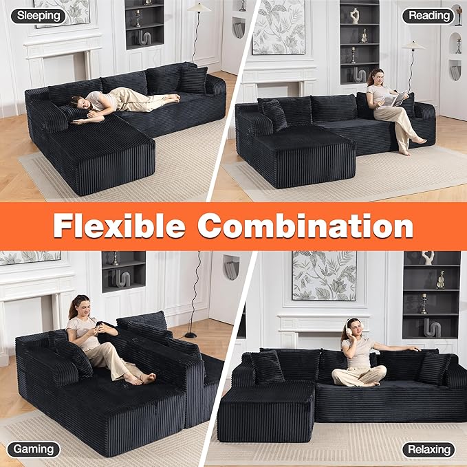 TonghuaS 106” Cloud Modular Sectional Sofa with L-Shape Chaise and Deep Seat, Corduroy Memory Foam Boneless Compressed Couch for Living Room, No Assembly Required(Left Facing Chaise, Dark Grey)